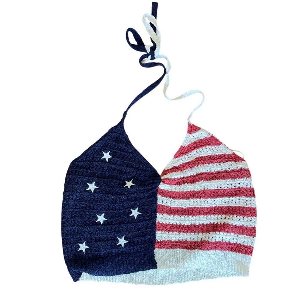 American Eagle Size M Crochet Knit Flag Cropped Halter Top Festival Country USA